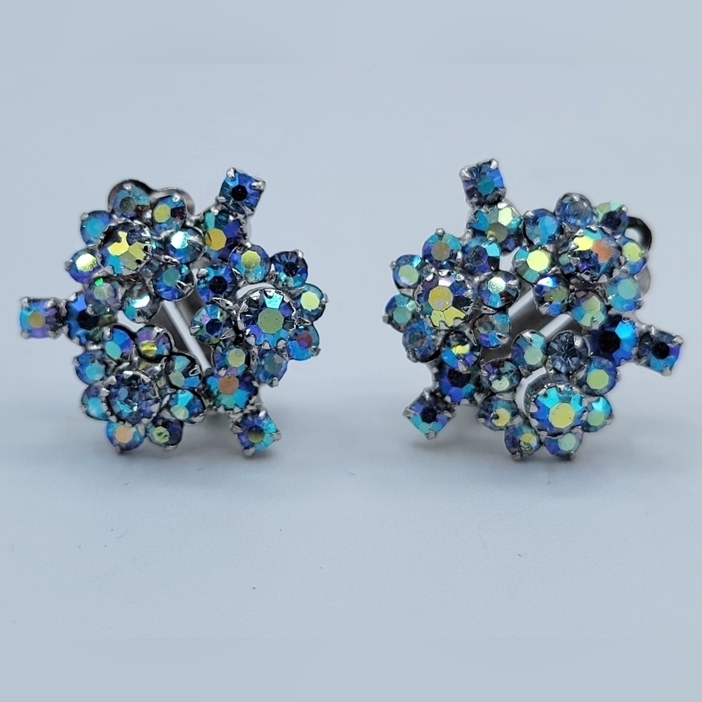 Continental Earrings Blue AB Floral Design Clip On #2525